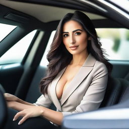 A natural, slim Middle Eastern woman with big breasts, feminine features, and long dark hair sitting in a car