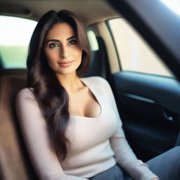 A natural, slim Middle Eastern woman with big breasts, feminine features, and long dark hair sitting in a car