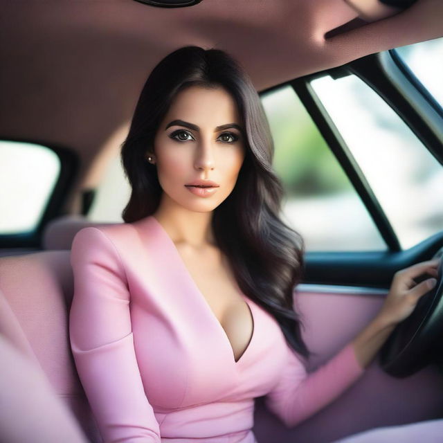 A natural, slim Middle Eastern woman with big breasts, feminine features, and long dark hair sitting in a car