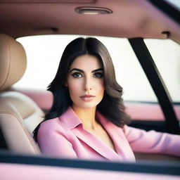 A natural, slim Middle Eastern woman with big breasts, feminine features, and long dark hair sitting in a car