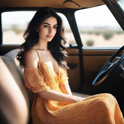 A natural, slim Middle Eastern woman with big breasts, feminine features, and long dark hair sitting in a car