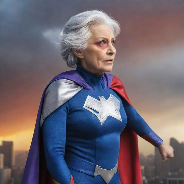 An elderly woman with silver-grey hair, dressed in colorful superhero attire, showcasing her multiple superpowers against a dramatic backdrop.