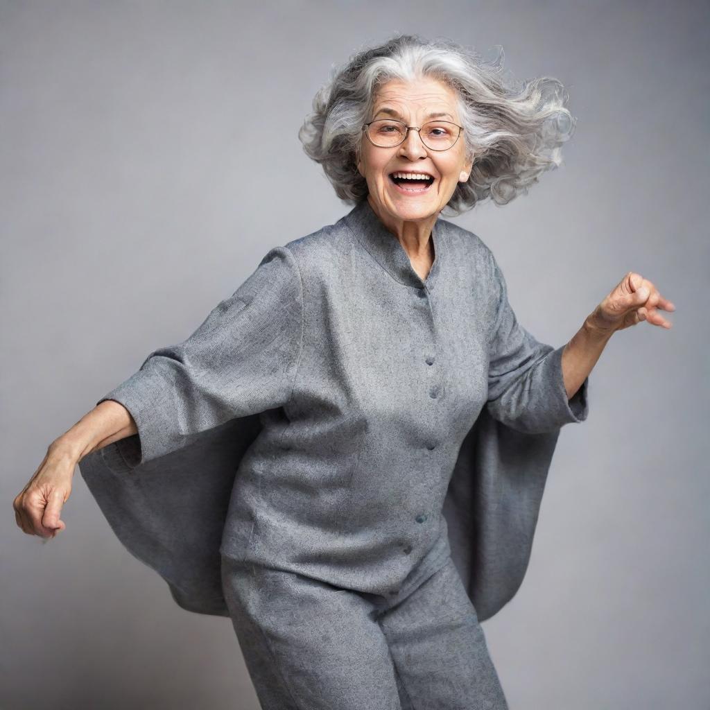 An elderly woman with thick grey hair, radiant with charisma and energy, displaying her superpowers in a dynamic pose.