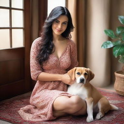 A natural, slim Middle Eastern woman with big breasts, feminine features, and long dark hair sitting with a cute puppy