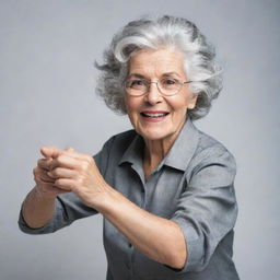 An elderly woman with thick grey hair, radiant with charisma and energy, displaying her superpowers in a dynamic pose.