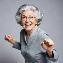 An elderly woman with thick grey hair, radiant with charisma and energy, displaying her superpowers in a dynamic pose.