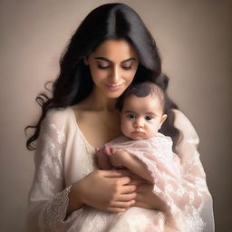 A natural, slim Middle Eastern woman with big breasts, feminine features, and long dark hair holding a baby