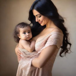 A natural, slim Middle Eastern woman with big breasts, feminine features, and long dark hair holding a baby