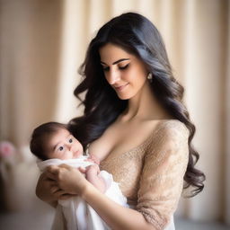 A natural, slim Middle Eastern woman with big breasts, feminine features, and long dark hair holding a baby