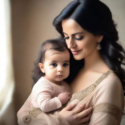 A natural, slim Middle Eastern woman with big breasts, feminine features, and long dark hair holding a baby