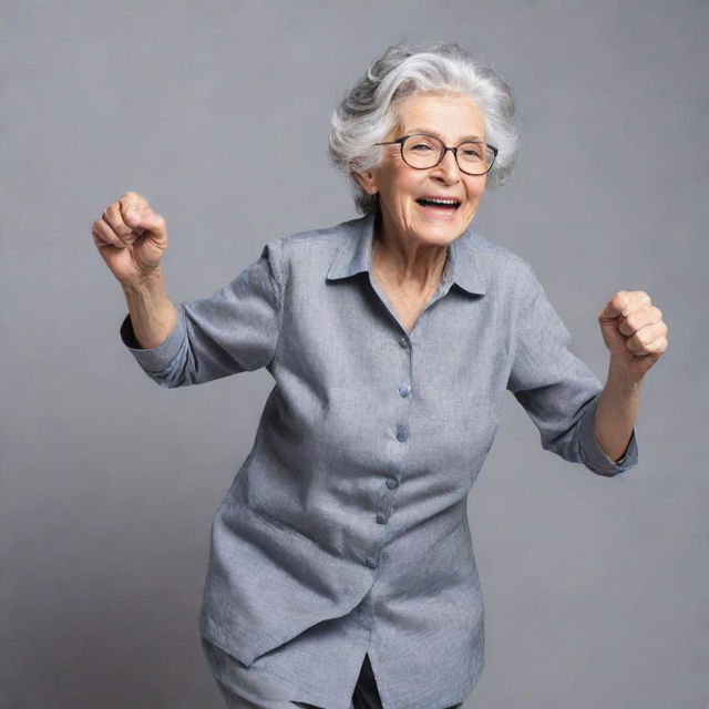 An elderly woman with thick grey hair, radiant with charisma and energy, displaying her superpowers in a dynamic pose.