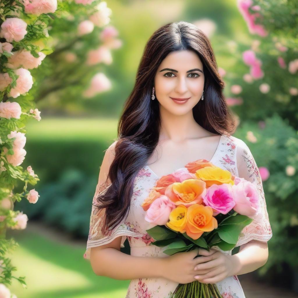 A natural, slim Middle Eastern woman with big breasts, feminine features, and long dark hair holding a bouquet of flowers