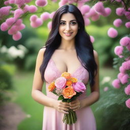 A natural, slim Middle Eastern woman with big breasts, feminine features, and long dark hair holding a bouquet of flowers