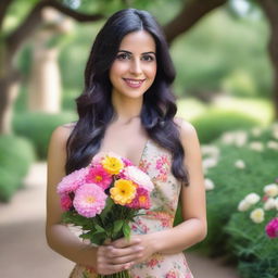 A natural, slim Middle Eastern woman with big breasts, feminine features, and long dark hair holding a bouquet of flowers