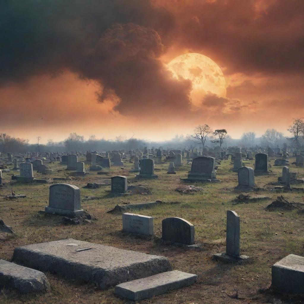 A stark book cover featuring a cemetery in the aftermath of a nuclear explosion, with derelict tombstones standing amidst the apocalyptic landscape under a hauntingly bright, radioactive sky.