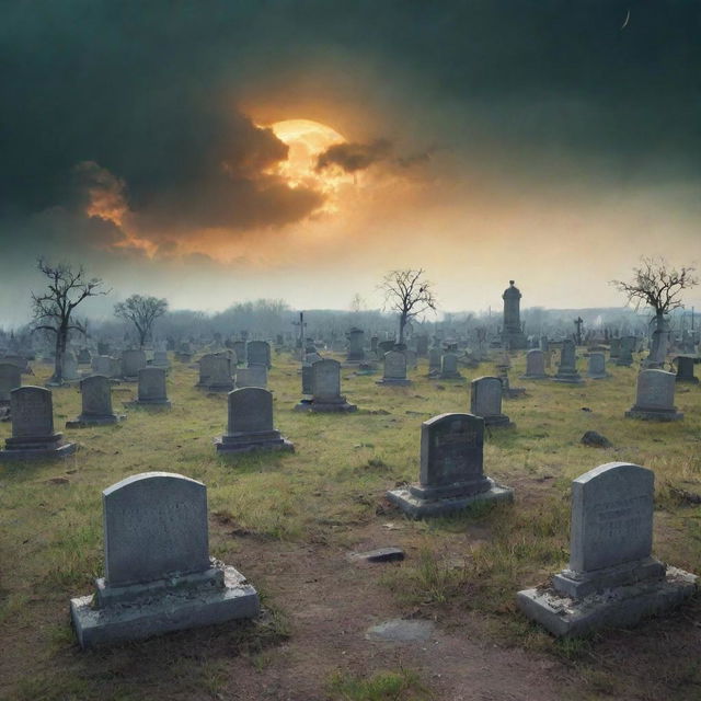 A stark book cover featuring a cemetery in the aftermath of a nuclear explosion, with derelict tombstones standing amidst the apocalyptic landscape under a hauntingly bright, radioactive sky.