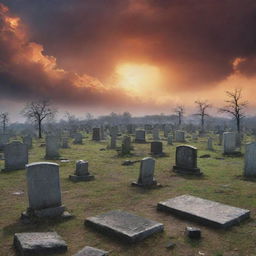 A stark book cover featuring a cemetery in the aftermath of a nuclear explosion, with derelict tombstones standing amidst the apocalyptic landscape under a hauntingly bright, radioactive sky.