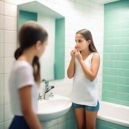 A young girl standing in a bathroom, looking at herself in the mirror