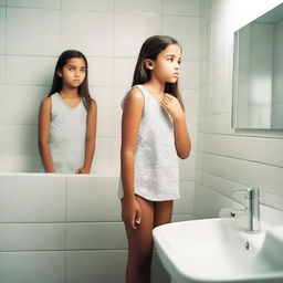 A young girl standing in a bathroom, looking at herself in the mirror