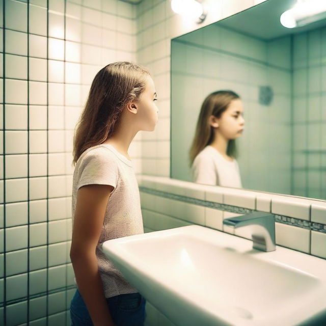 A young girl standing in a bathroom, looking at herself in the mirror