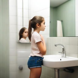 A young girl standing in a bathroom, looking at herself in the mirror