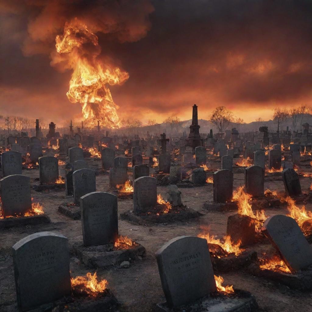 A disturbing image depicting a cemetery after a nuclear explosion with the entire world in flames. Charred tombstones stand amidst fire-lit ruins under a blazing, apocalyptic sky.