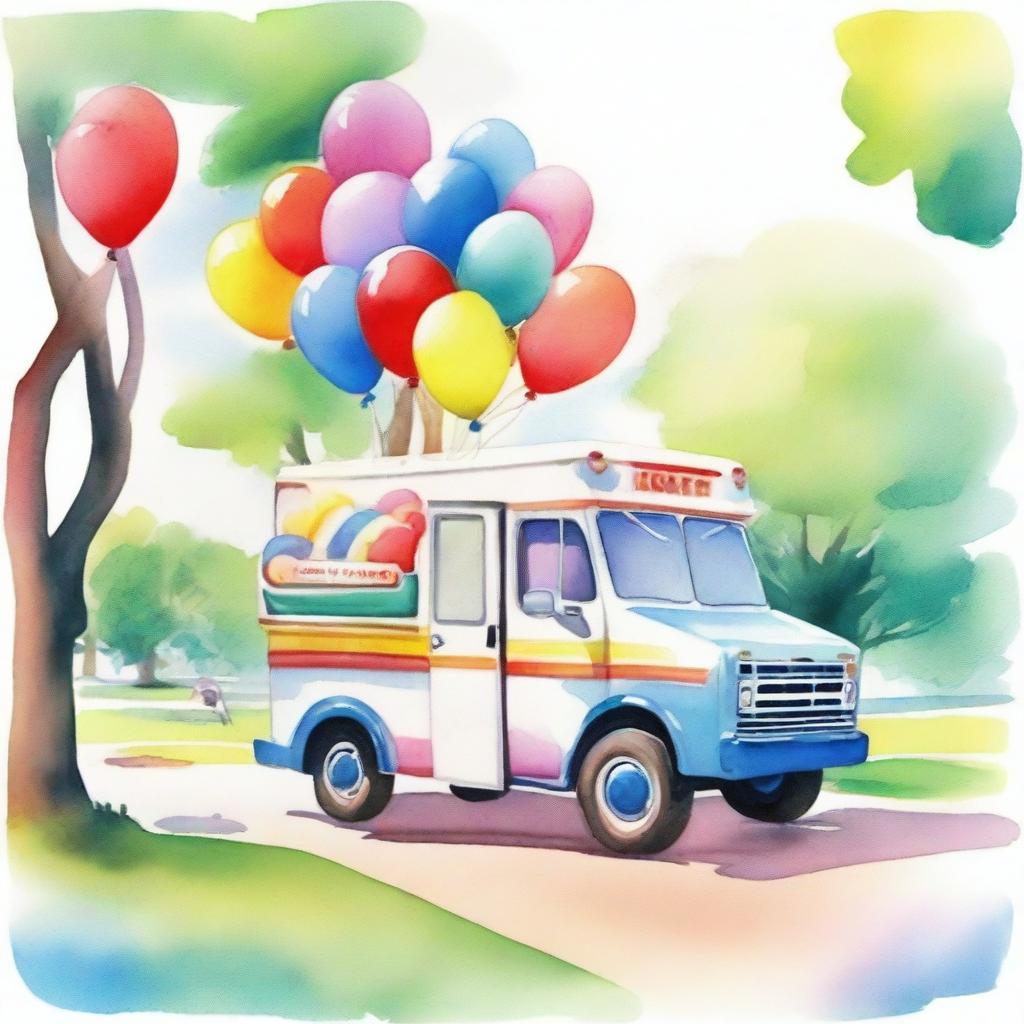 A watercolor painting of an ice cream truck decorated with colorful balloons