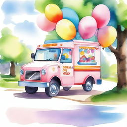 A watercolor painting of an ice cream truck decorated with colorful balloons