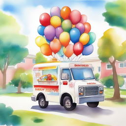 A watercolor painting of an ice cream truck decorated with colorful balloons