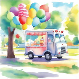 A watercolor painting of an ice cream truck decorated with colorful balloons