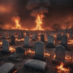 A disturbing image depicting a cemetery after a nuclear explosion with the entire world in flames. Charred tombstones stand amidst fire-lit ruins under a blazing, apocalyptic sky.