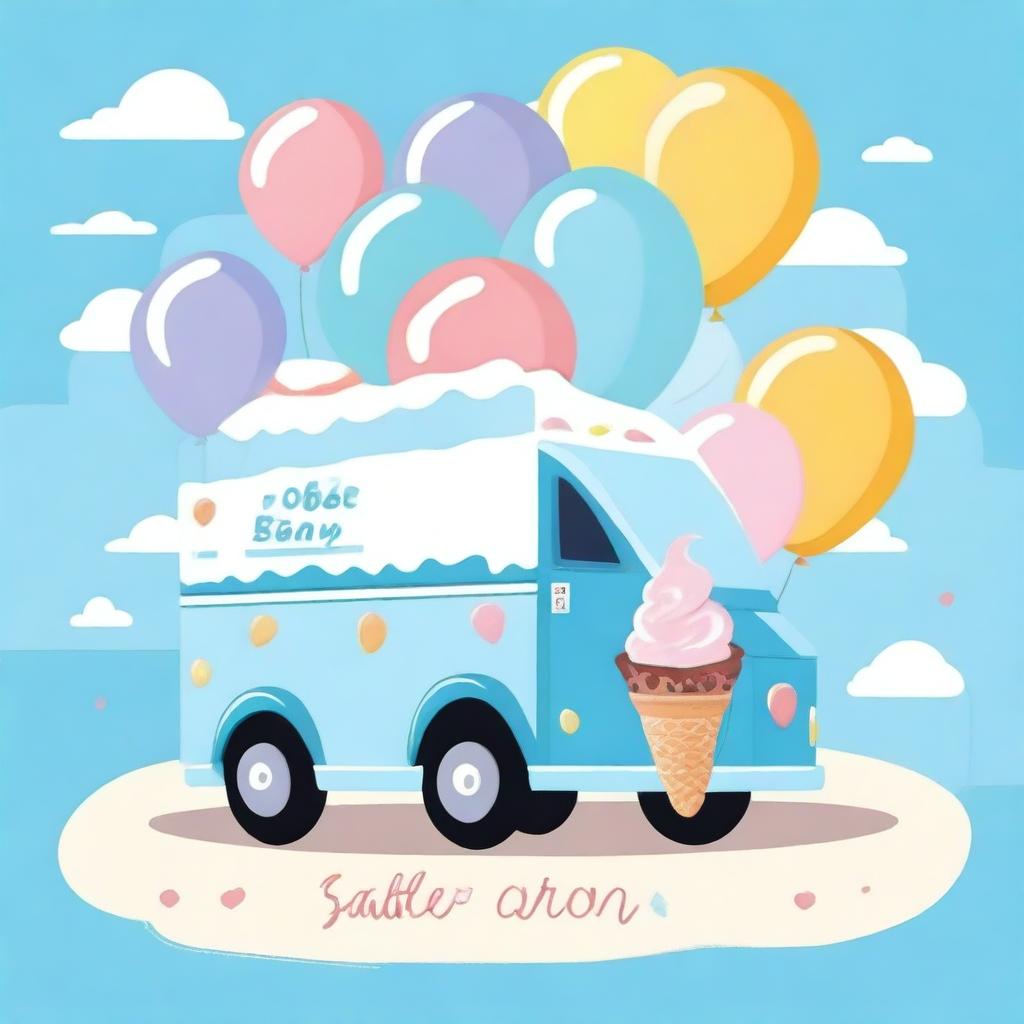 A charming ice cream truck in blue pastel colors, adorned with colorful balloons