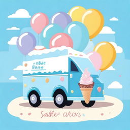 A charming ice cream truck in blue pastel colors, adorned with colorful balloons