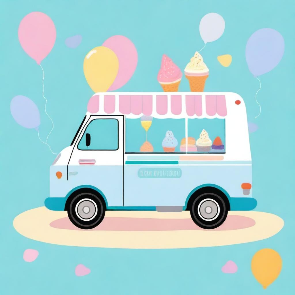 A charming ice cream truck in blue pastel colors, adorned with colorful balloons