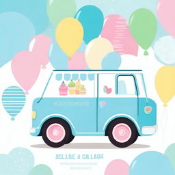 A charming ice cream truck in blue pastel colors, adorned with colorful balloons