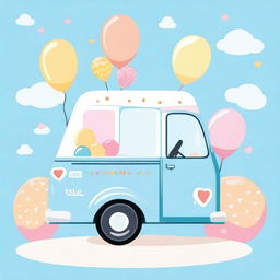 A charming ice cream truck in blue pastel colors, adorned with colorful balloons