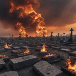 A disturbing image depicting a cemetery after a nuclear explosion with the entire world in flames. Charred tombstones stand amidst fire-lit ruins under a blazing, apocalyptic sky.