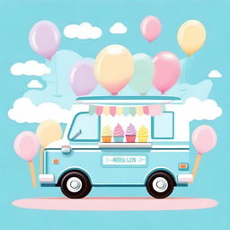 A charming ice cream truck in blue pastel colors, decorated with colorful balloons, perfect for a baby shower invitation