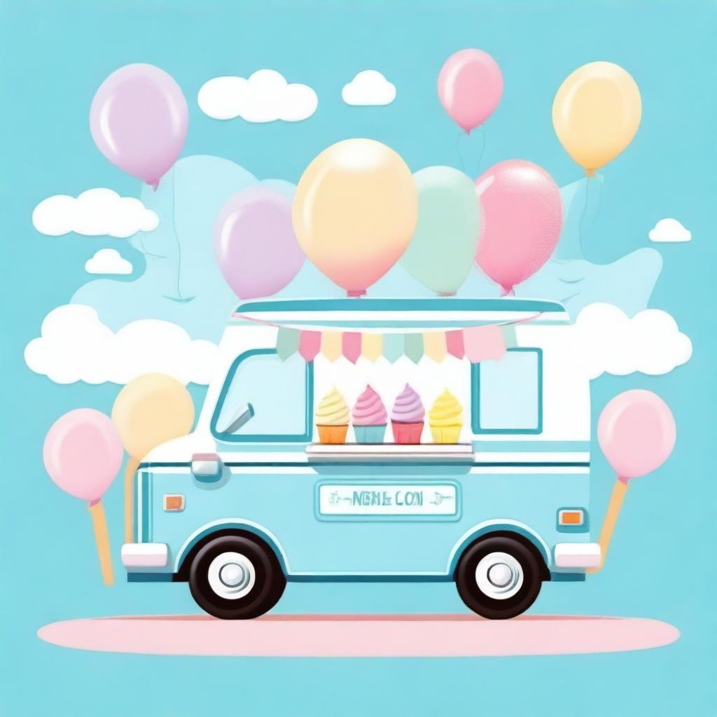 A charming ice cream truck in blue pastel colors, decorated with colorful balloons, perfect for a baby shower invitation