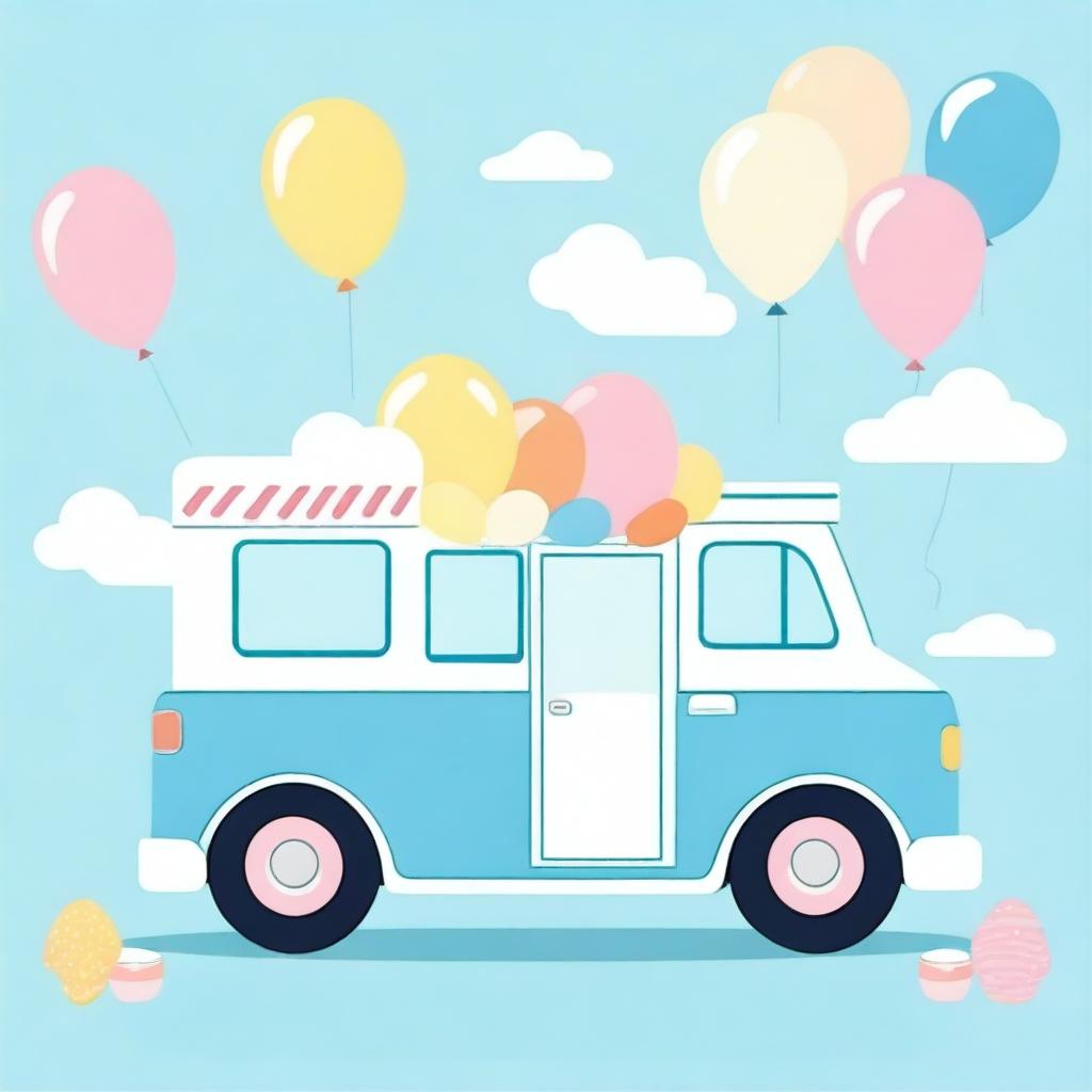 A charming ice cream truck in blue pastel colors, decorated with colorful balloons, perfect for a baby shower invitation