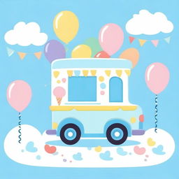 A charming ice cream truck in blue pastel colors, decorated with colorful balloons, perfect for a baby shower invitation