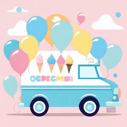 A charming ice cream truck in blue pastel colors, decorated with colorful balloons, perfect for a baby shower invitation