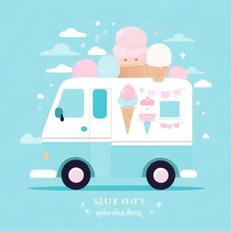 A charming ice cream truck in blue pastel colors, designed for a baby shower invitation