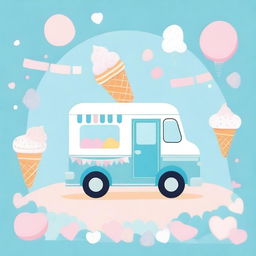 A charming ice cream truck in blue pastel colors, designed for a baby shower invitation