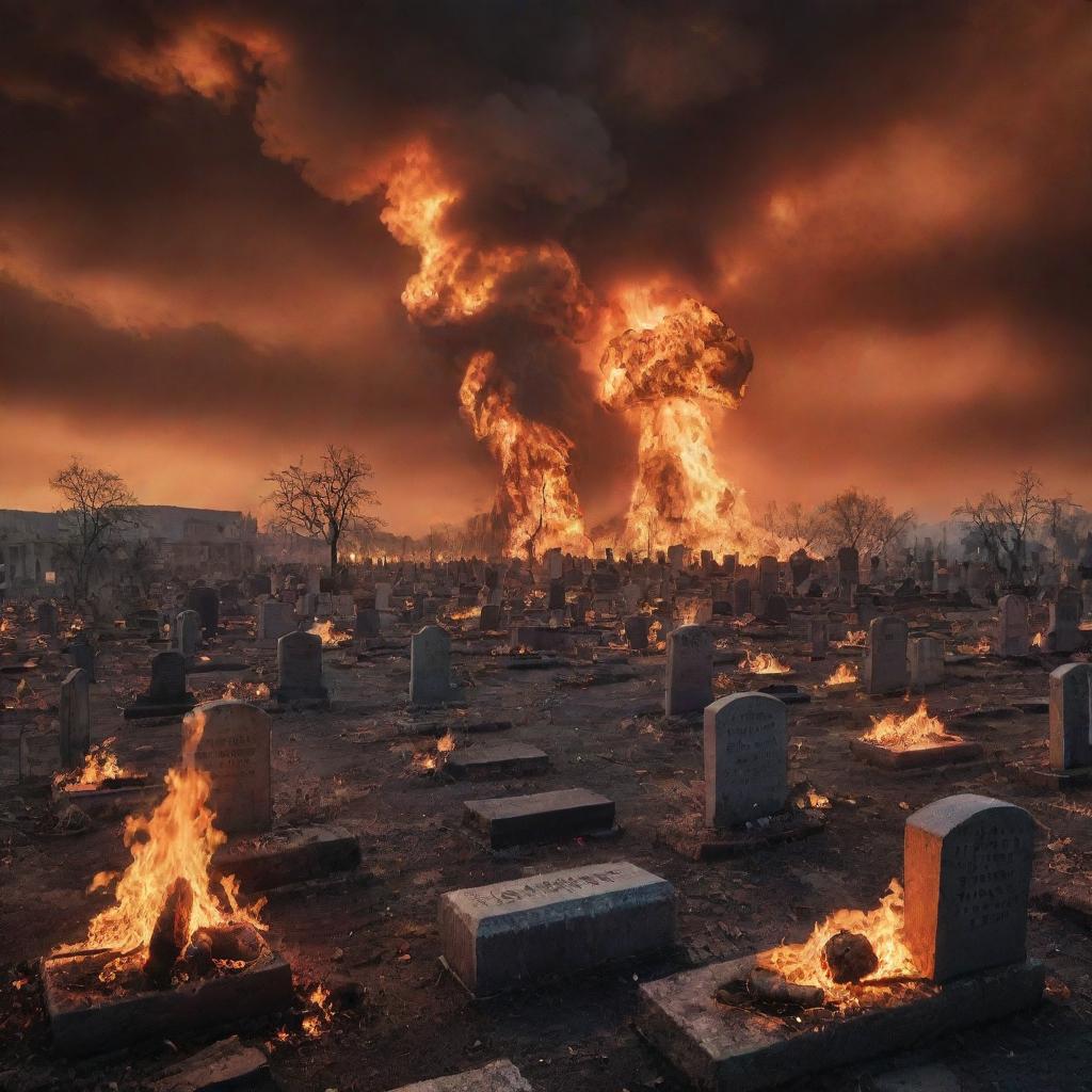 A disturbing image depicting a cemetery after a nuclear explosion with the entire world in flames. Charred tombstones stand amidst fire-lit ruins under a blazing, apocalyptic sky.