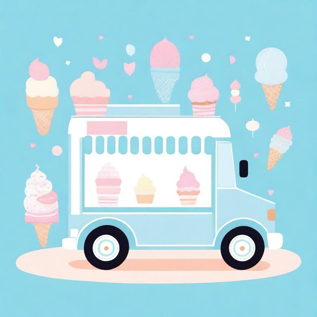 A charming ice cream truck in blue pastel colors, designed for a baby shower invitation