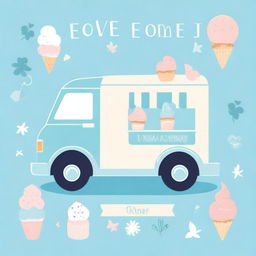 A charming ice cream truck in blue pastel colors, designed for a baby shower invitation