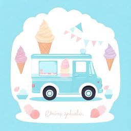 A charming ice cream truck in blue pastel colors, perfect for a baby shower invitation