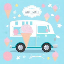 A charming ice cream truck in blue pastel colors, perfect for a baby shower invitation