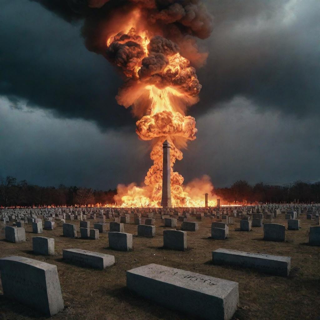 An eerie image of an above-ground cemetery enduring a nuclear explosion. The world is in flames, with fire-lit mausoleums and monoliths standing resilient amidst the global pyre.